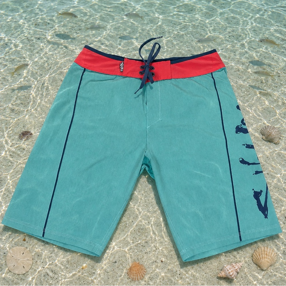 Salt Life Teal Boardshorts with Red Waistband